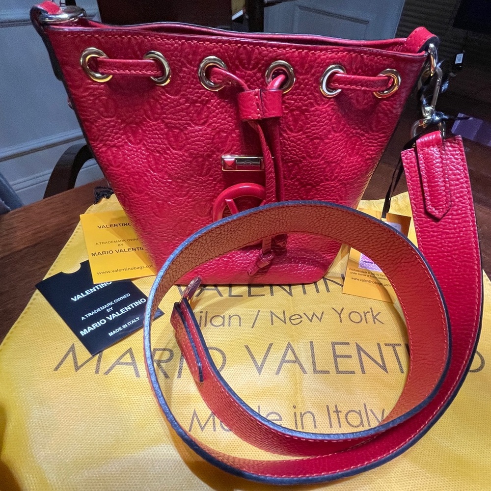 Valentino By Mario Valentino Jules Dollaro Monogram Red Leather Bucket Bag $1300 - Picture 3 of 10